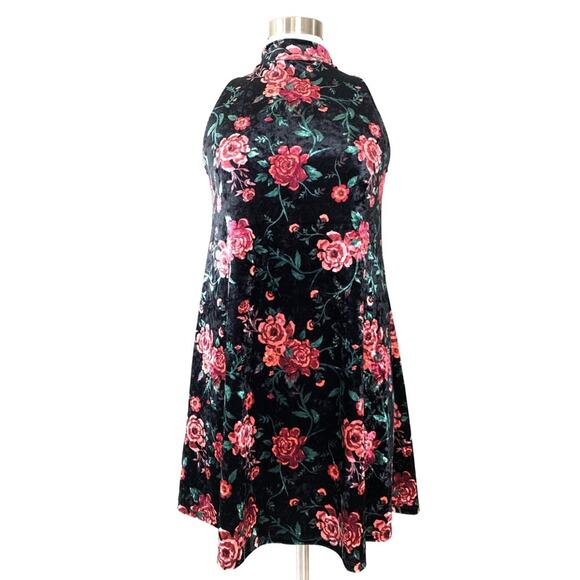 Black Floral Velvet Mock Neck A Line Dress - Picture 1 of 7